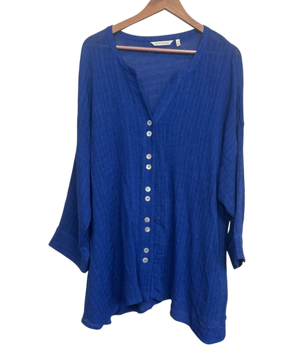 Soft Surroundings Women’s Blue Linen Blend Gauzy Coastal Tunic Blouse Size 2X